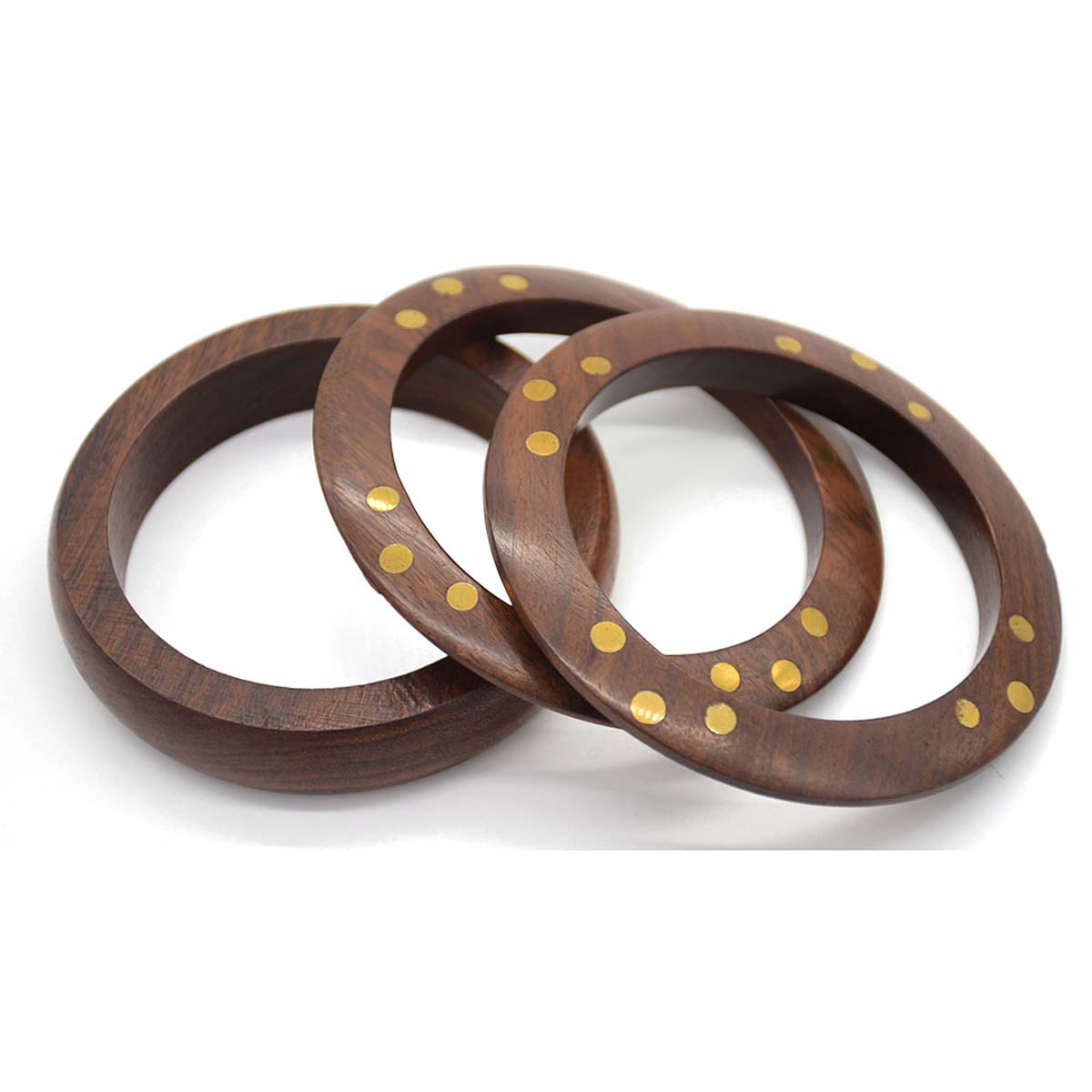 Wholesale Bangles – Set of 3 – Hand-Carved in Wood – Brown Finish – Brass Inlay of 2 – Unique Jewelry Collection